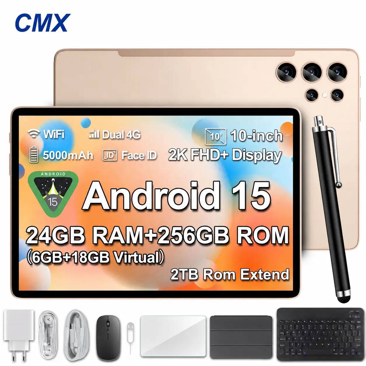2026 Family 2-In-1 Android 15 Tablet, 10.1" Large Screen,24Gb(6Gb+18Gb) RAM 256GB Storage, Keyboard, Mouse,Stylus, Case Bundle for Kids Learning & Home Use Gift