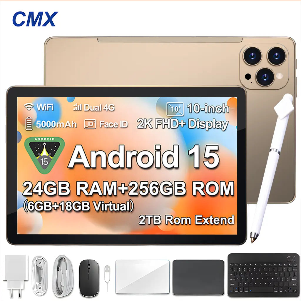 2026 Family 2-In-1 Android 15 Tablet, 10.1" Large Screen,24Gb(6Gb+18Gb) RAM 256GB Storage, Keyboard, Mouse,Stylus, Case Bundle for Kids Learning & Home Use Gift