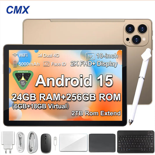 2026 Family 2-In-1 Android 15 Tablet, 10.1" Large Screen,24Gb(6Gb+18Gb) RAM 256GB Storage, Keyboard, Mouse,Stylus, Case Bundle for Kids Learning & Home Use Gift
