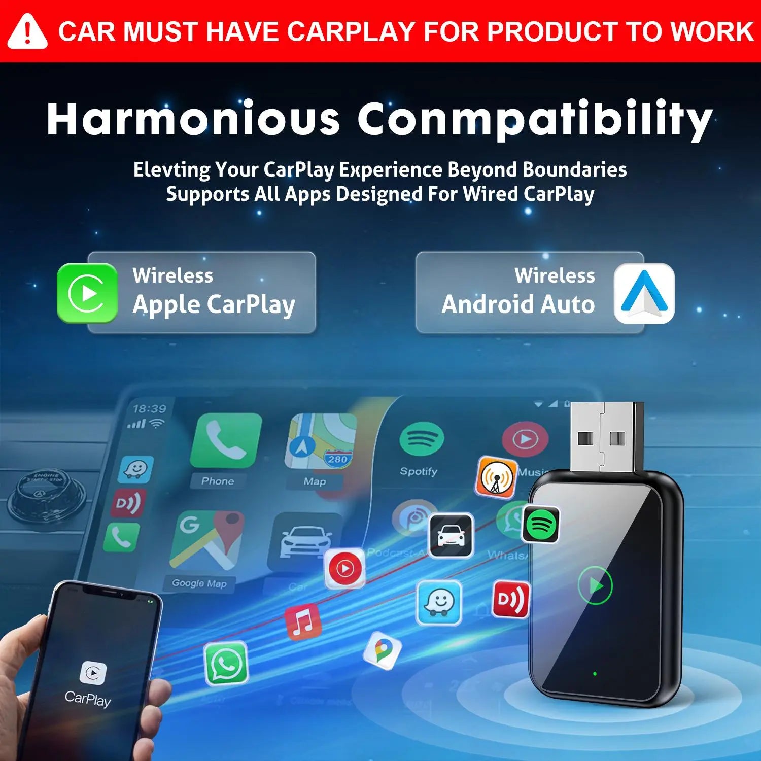 Wired Carplay Adapter for Chevrolet, Ford, Toyota,Adapter 2-In-1: Plug-And-Play USB Car Connector,For Both Apple and Android,Converts Wired to Wireless,Multifunctional Car Bluetooth Connection Box
