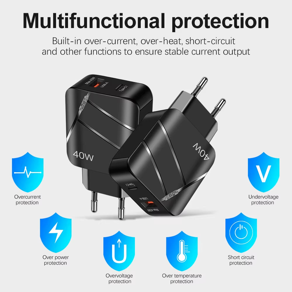 40W PD USB C Fast Charger - Quick Charge QC 3.0 Wall Adapter for iPhone 14, 13, Samsung, Xiaomi