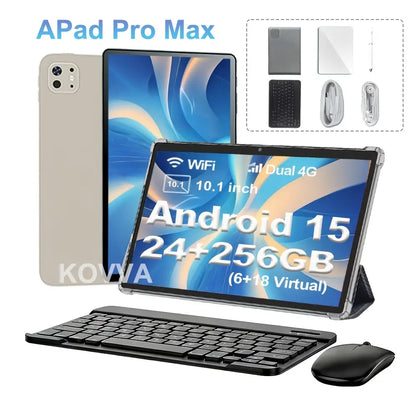 2026 Family 2-In-1 Android 15 Tablet, 10.1" Large Screen,24Gb(6Gb+18Gb) RAM 256GB Storage, Keyboard, Mouse,Stylus, Case Bundle for Kids Learning & Home Use Gift