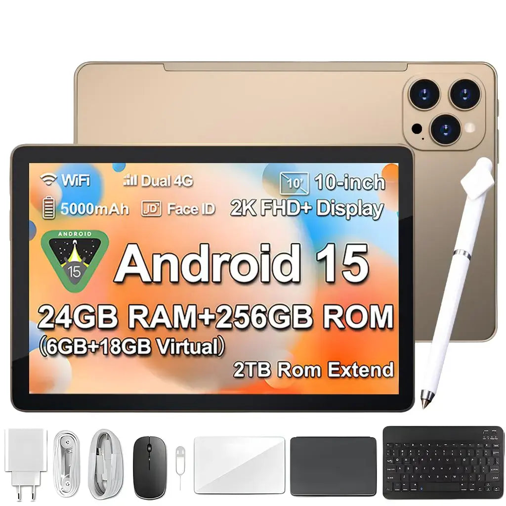2026 Family 2-In-1 Android 15 Tablet, 10.1" Large Screen,24Gb(6Gb+18Gb) RAM 256GB Storage, Keyboard, Mouse,Stylus, Case Bundle for Kids Learning & Home Use Gift