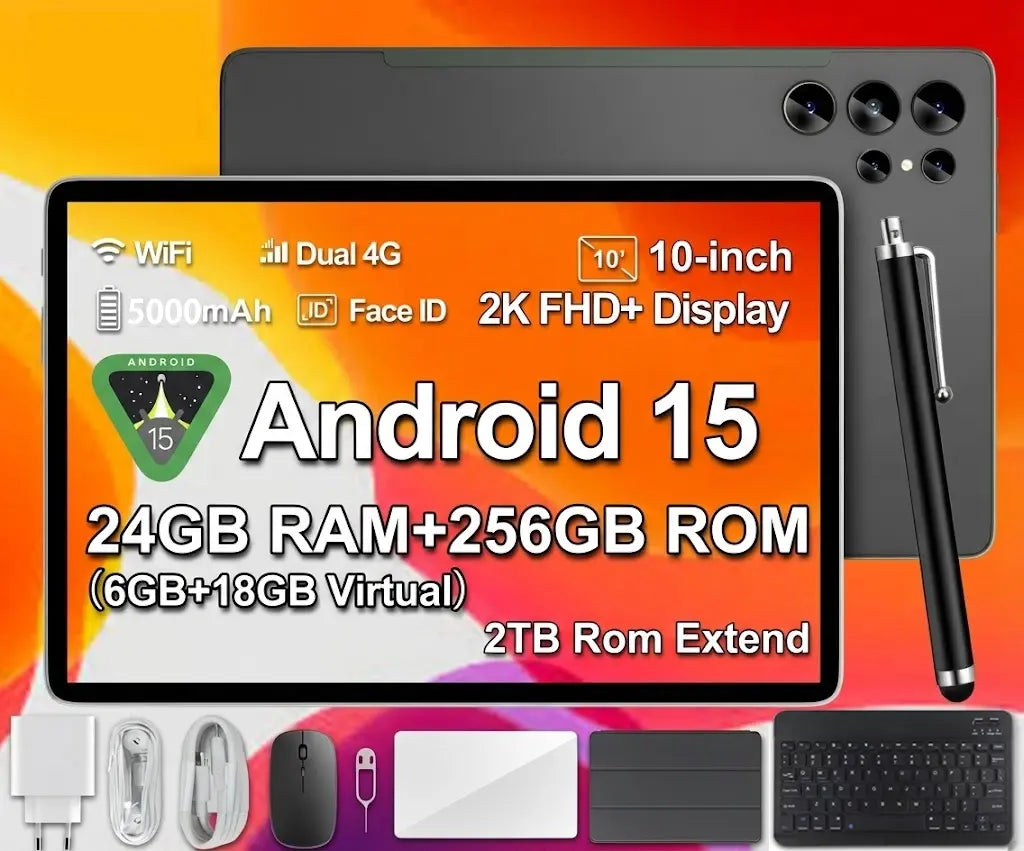 2026 Family 2-In-1 Android 15 Tablet, 10.1" Large Screen,24Gb(6Gb+18Gb) RAM 256GB Storage, Keyboard, Mouse,Stylus, Case Bundle for Kids Learning & Home Use Gift