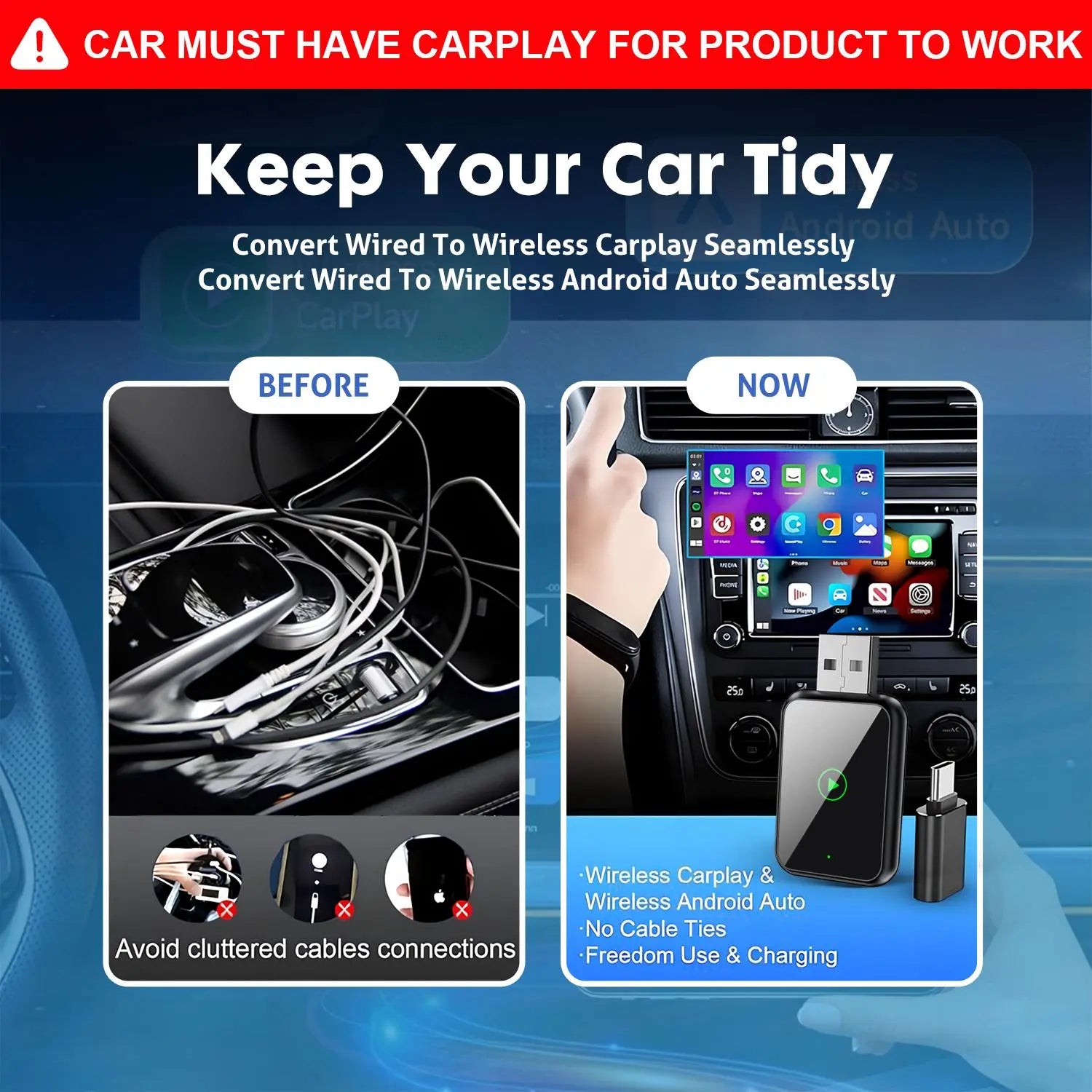 Wired Carplay Adapter for Chevrolet, Ford, Toyota,Adapter 2-In-1: Plug-And-Play USB Car Connector,For Both Apple and Android,Converts Wired to Wireless,Multifunctional Car Bluetooth Connection Box