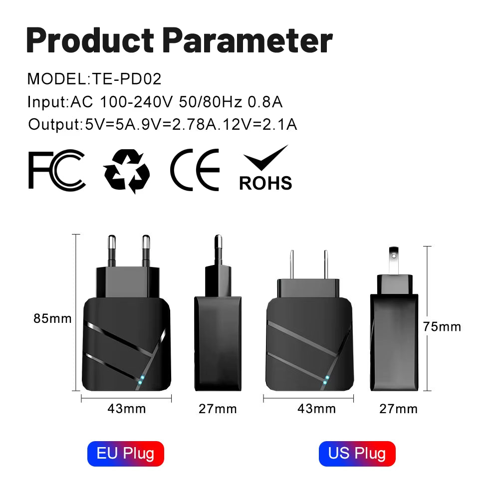 40W PD USB C Fast Charger - Quick Charge QC 3.0 Wall Adapter for iPhone 14, 13, Samsung, Xiaomi