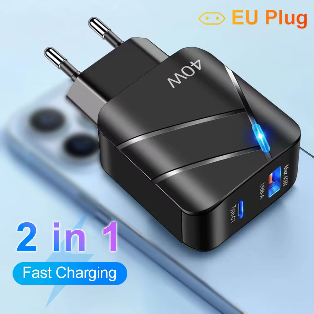 40W PD USB C Fast Charger - Quick Charge QC 3.0 Wall Adapter for iPhone 14, 13, Samsung, Xiaomi
